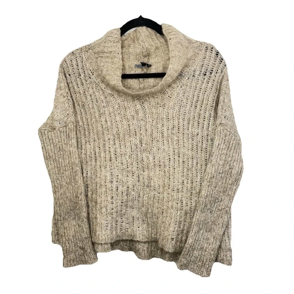 Eileen Fisher Open Knit‎ Mohair Turtleneck Mock Neck Hi Low Oatmeal Sweater Sz L